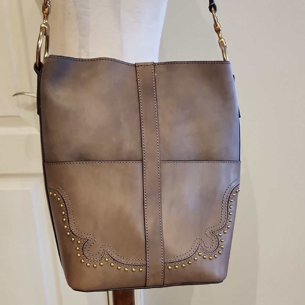 Frye Unique Leather Shoulder Bag With Gold Accents Mushroom Color NWOT